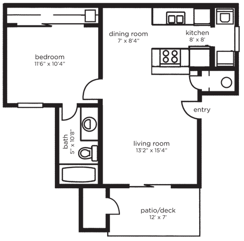 Floor plan for 1 bed, 1 bath, 623 sqft